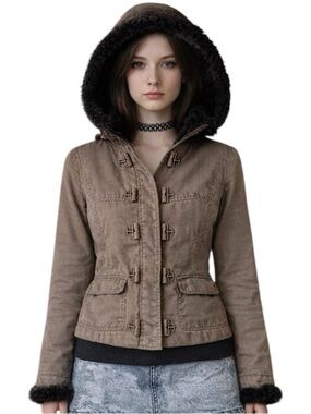 M Daytrip Brown Plaid Jacket Y2K Buckle Jacket w/ black Faux Fur Hood Trim